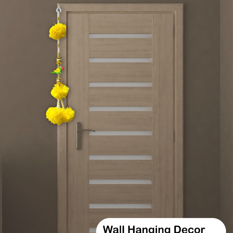 Yellow wall hanging decor on a door with a brown background