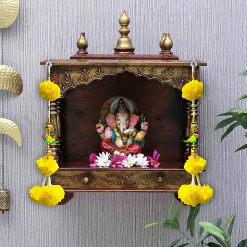 Smaran Artificial Marigold Flowers and Parrot Door Hanging, Toran with Golden White Beads Traditional Door Hanging Latkan for Door, Wall Hanging, Home Decor, Pooja Room, Latkan for Festival Decoration