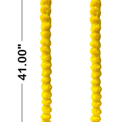 Two yellow braided dog toys with measurements on a white background