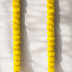 Two yellow decorative strings with pom-poms hanging against a white wall.