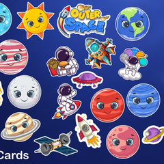 Collection of space-themed stickers on a blue background with 'Outerspace' branding.