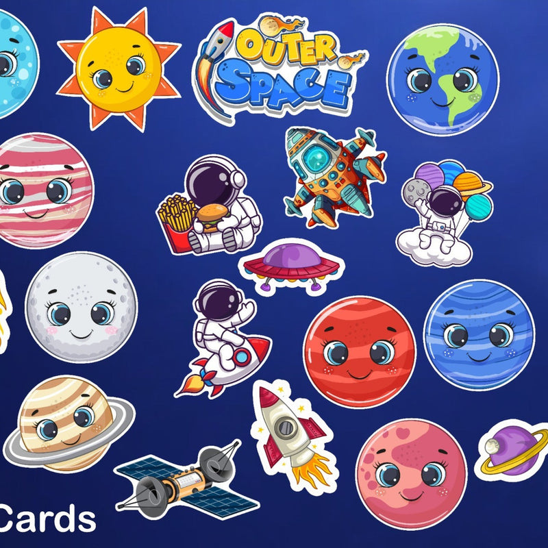 Collection of space-themed stickers on a blue background with 'Outerspace' branding.