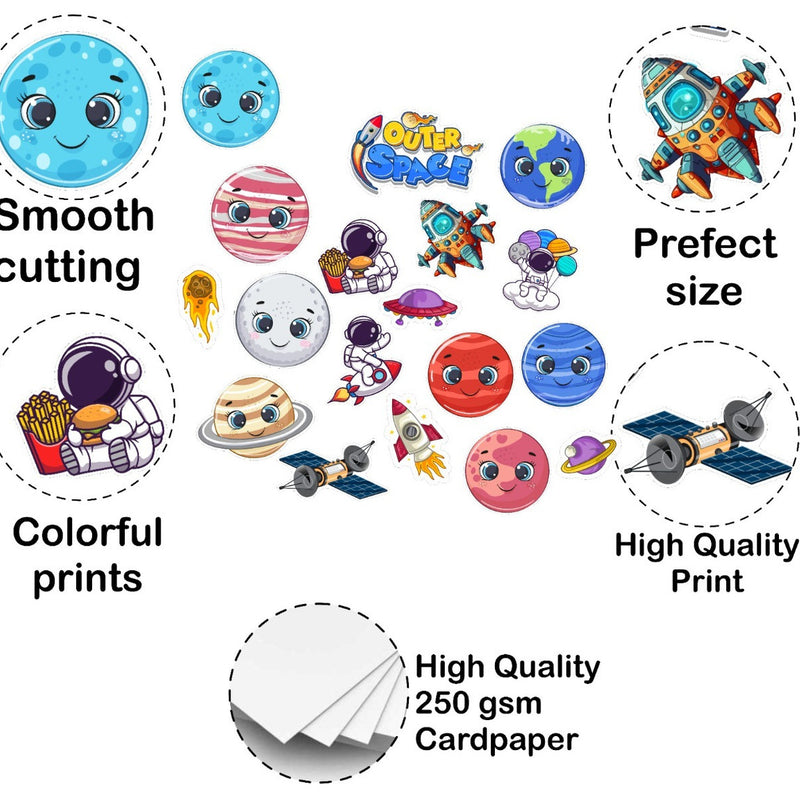 Illustrations of space-themed stickers with text highlighting features like smooth cutting, perfect size, colorful prints, and high-quality cardstock.