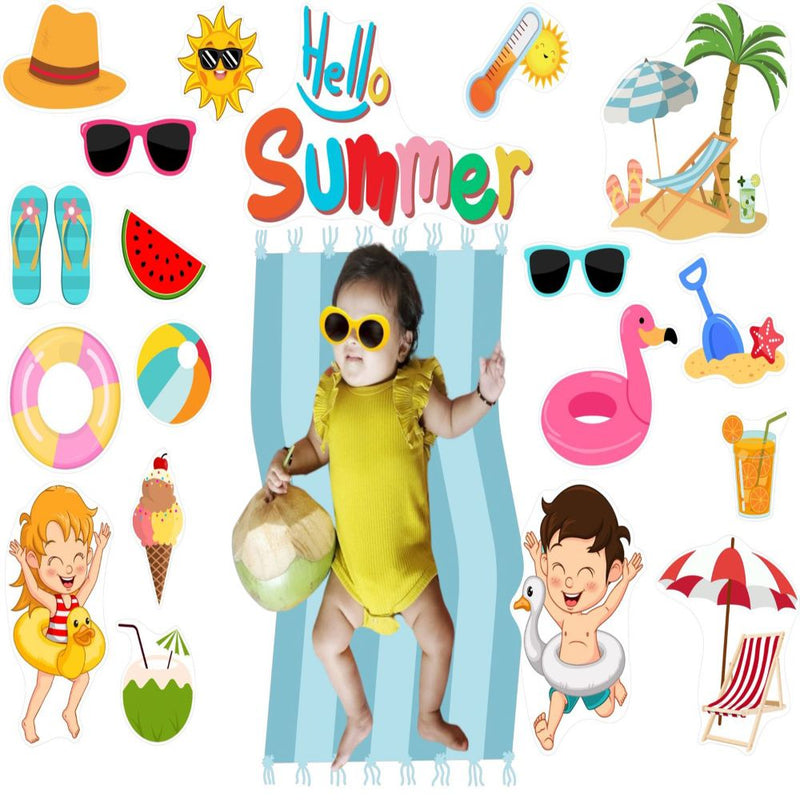 Todfod Summer Theme Photo Booth Props |18+ Tropical Cards for Kids & Baby Photoshoots | Beach, Palm Tree, Ice Cream Designs | Premium Cardstock Material | Perfect for Birthday Parties & Celebrations