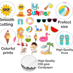 Collection of summer-themed stickers with text highlighting features like 'Smooth cutting', 'Colorful prints', 'High Quality Print', and '250 gsm Cardpaper'.
