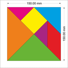 Colorful geometric shapes on a white background with dimensions indicated.