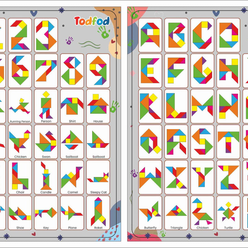 Two educational posters with colorful letters and numbers for children, featuring the brand 'Tadfoo'.