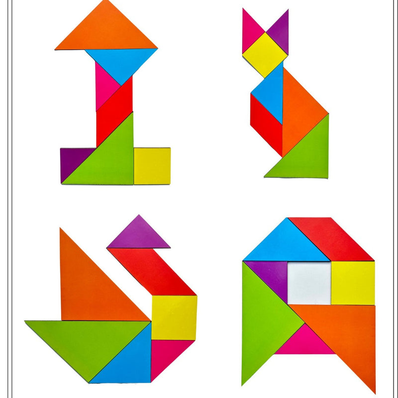 Four colorful tangram puzzles shaped like a cat, dog, bird, and fish on a white background.