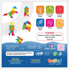 Product packaging for toys with colorful geometric shapes and cognitive skills icons, featuring the brand Todfod.