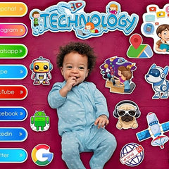 Child surrounded by technology-themed stickers and icons on a pink background