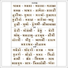 Sheet with Gujarati text and names, likely a product listing or catalog.