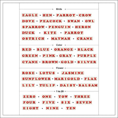 List of bird names, colors, and numbers in red text on a white background