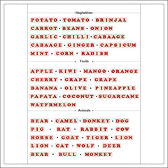 List of vegetables, fruits, and animals in red text on a white background