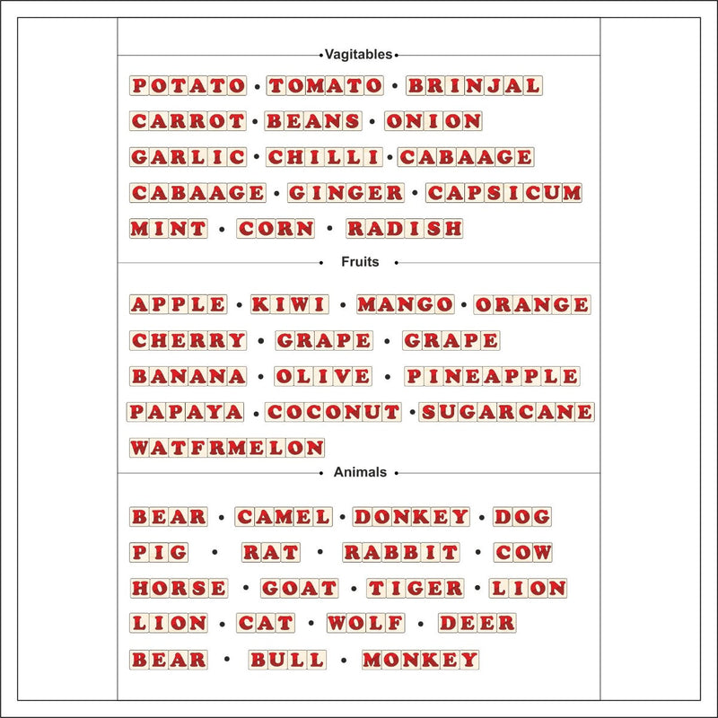 List of vegetables, fruits, and animals in red text on a white background