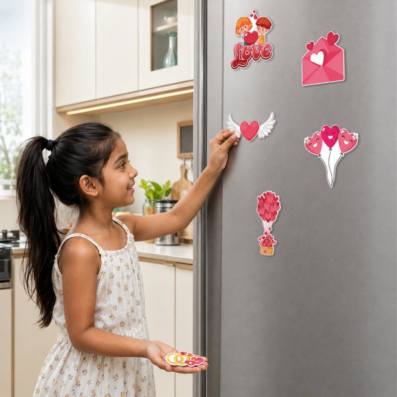TodFod Valentine Fridge Magnet Set of 6 | 3 Inch Cute Cartoon Love Theme Heart & Couple MDF Wood Magnets