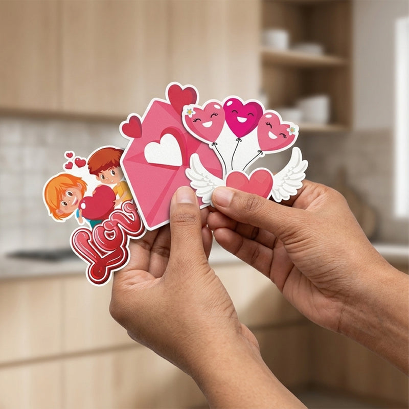 TodFod Valentine Fridge Magnet Set of 6 | 3 Inch Cute Cartoon Love Theme Heart & Couple MDF Wood Magnets