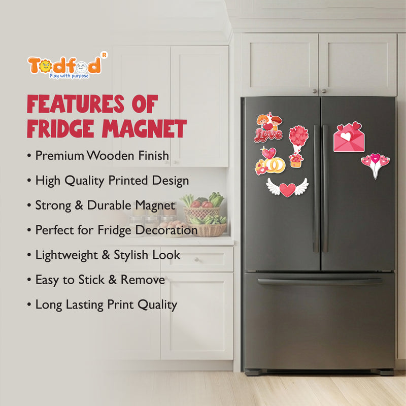 TodFod Valentine Fridge Magnet Set of 6 | 3 Inch Cute Cartoon Love Theme Heart & Couple MDF Wood Magnets