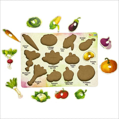 Wooden puzzle with vegetable shapes and labels on a white background