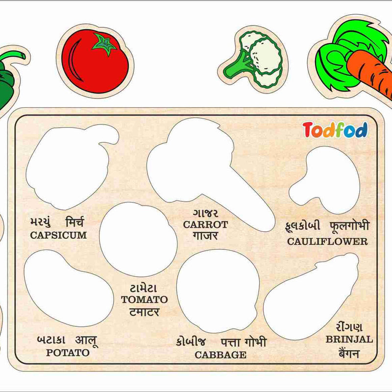 Wooden puzzle with vegetable shapes and labels on a beige background, featuring the brand 'Todfed'.