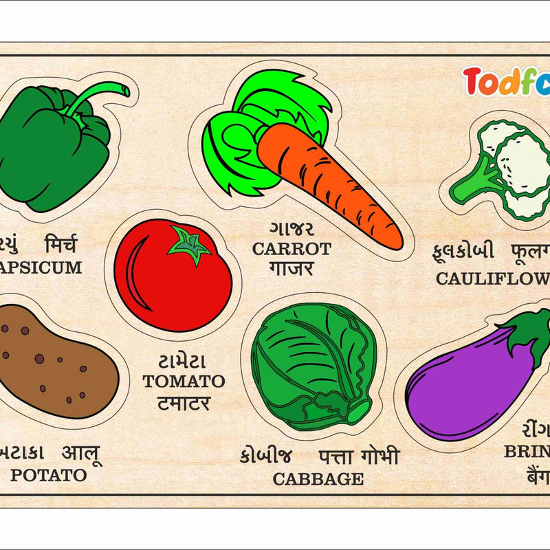 Wooden puzzle with colorful illustrations of vegetables and their names in English and Hindi.
