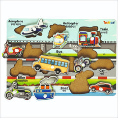 Educational toy with vehicle-themed wooden pieces on a colorful background