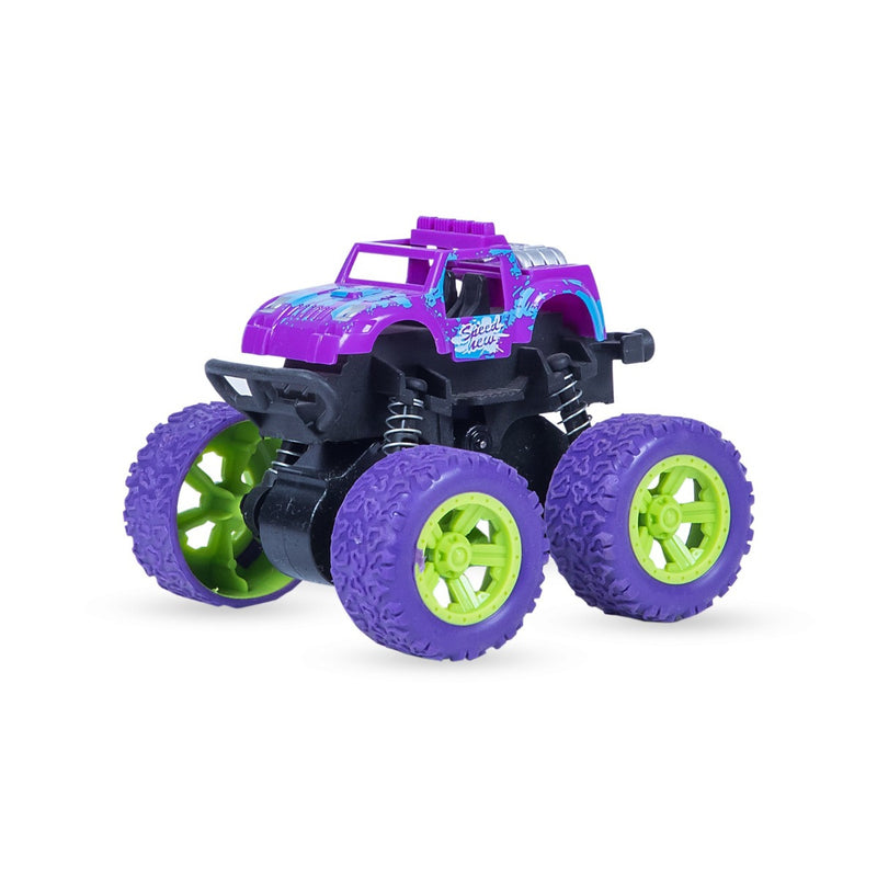 TodFod 4x4 Big Wheel Monster Truck Toy Cars | Set of 4 Pull Back Action Vehicles, 1:48 Scale, Purple Body with Green Wheels, Rugged Off-Road Design for Boys & Girls Ages 3+