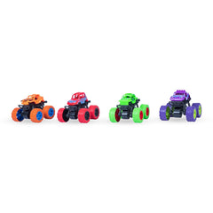 TodFod 4x4 Big Wheel Monster Truck Toy Cars | Set of 4 Pull Back Action Vehicles, 1:48 Scale, Purple Body with Green Wheels, Rugged Off-Road Design for Boys & Girls Ages 3+