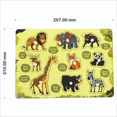 Educational animal puzzle with labels on a yellow background, featuring dimensions.