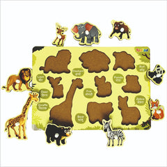Children's animal puzzle with foam pieces and name labels on a white background