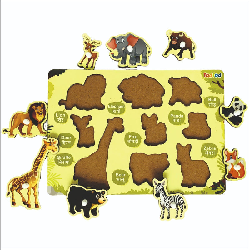 Children's animal puzzle with foam pieces and name labels on a white background