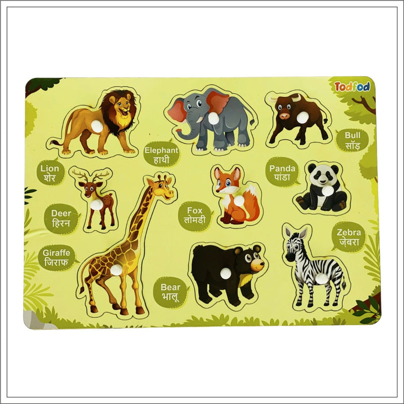 Children's puzzle with animal illustrations and labels on a green background