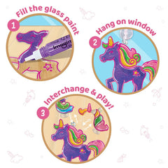Instructions for using a unicorn-themed window cling with paint and interchangeable parts.