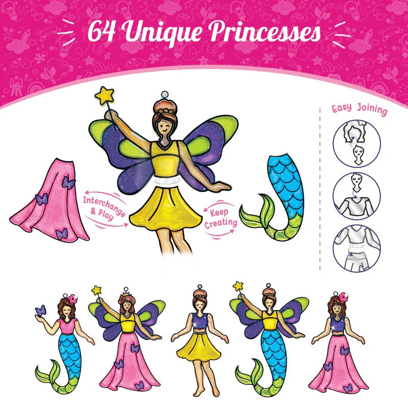Colorful paper dolls with fairy and mermaid designs on a pink background