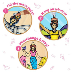 Step-by-step illustration of a mermaid window cling decoration with text on how to use it.