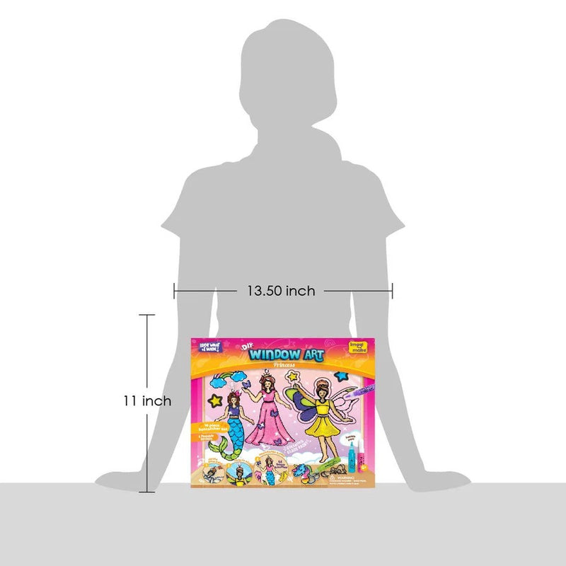 Window art kit with fairy designs on a white background, shown with a silhouette of a person for scale.