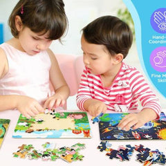 Two children playing with puzzles, surrounded by educational icons and text about cognitive skills.