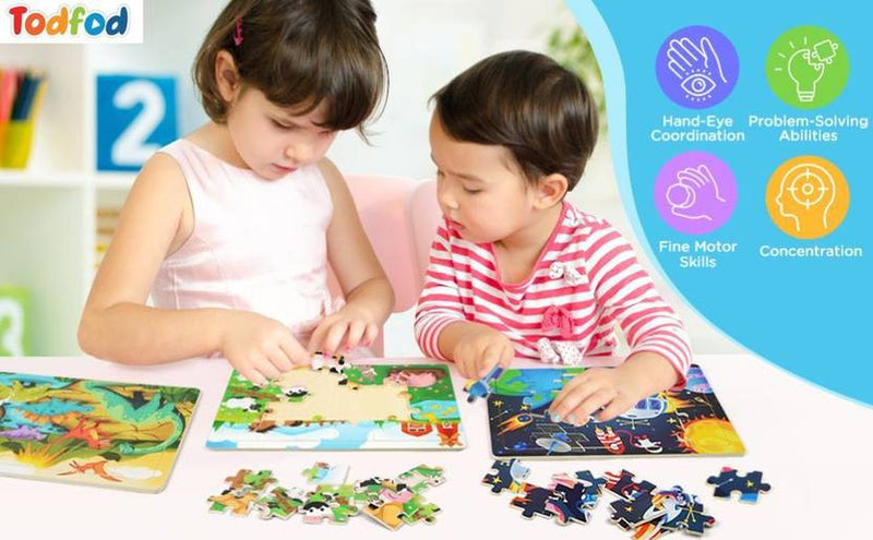 Two children playing with puzzles, surrounded by educational icons and text about cognitive skills.